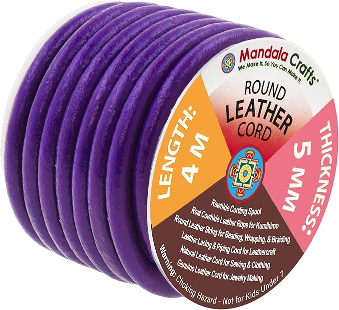 Mandala Crafts Round Genuine Purple Leather Cord for Jewelry Making – 5mm Cowhide Leather Rope String Lace for Kumihimo – 4.4 Yards Cowhide Craft Cording Spool