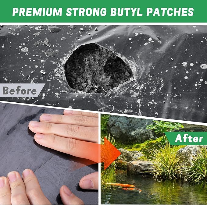 Adnee 2 Pcs Pond Liner Repair Patch-10 x 10 Inches Self-Adhesive EPDM Liner Repair Patch Kit-Thickened Square Rubber Pond Liner Seam for EPDM Garden Pond Patch Cover Repair