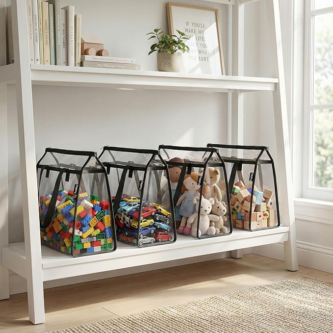 HOLAY 4 Pack Clear Toy Storage Bags with Handle –Playroom Organizer Bins for Kids Toys, Board Games, Busy Bags, and Homeschool Supplies, Transparent PVC Front & Reinforced Base (Black, X-Large)
