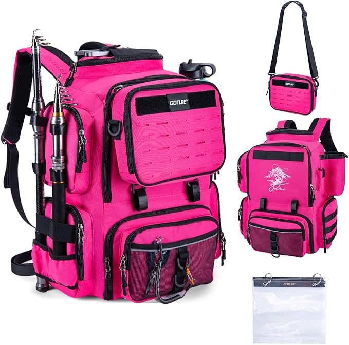 Goture Fishing Backpack, 900D Water-Resistant Tackle Backpack with Rod Holders, 58L Large Storage Gear Fishing Tackle Bag with Detachable Crossbody Bag,8 Lure Pockets,Bottle Holder for Camping Hiking