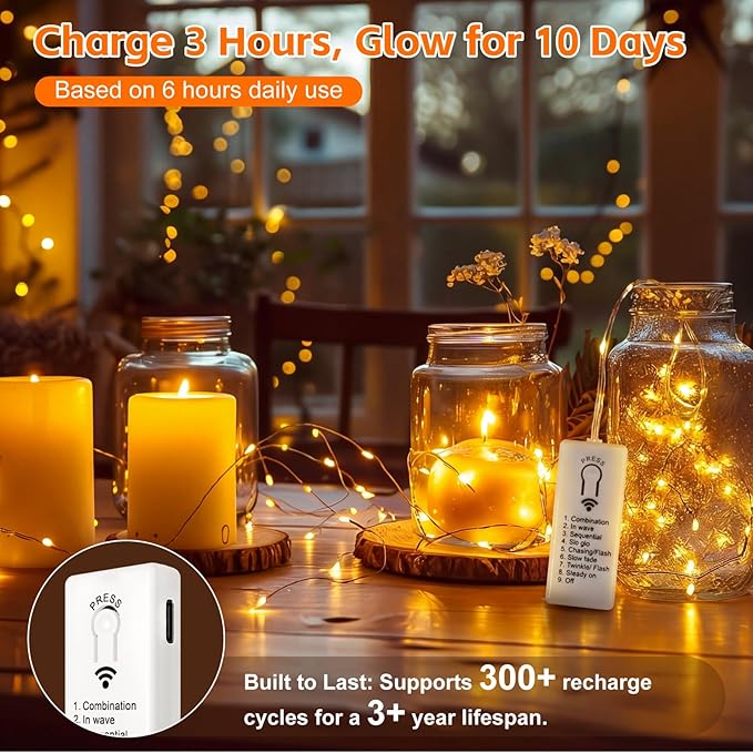 4 Pack 50 LED Fairy Lights Battery Operated with DIY Timer, 16FT Rechargeable Indoor String Lights, 8 Modes Mini Twinkle Lights for Tree Craft Bedroom Vase Wedding Party Decor, Warm White