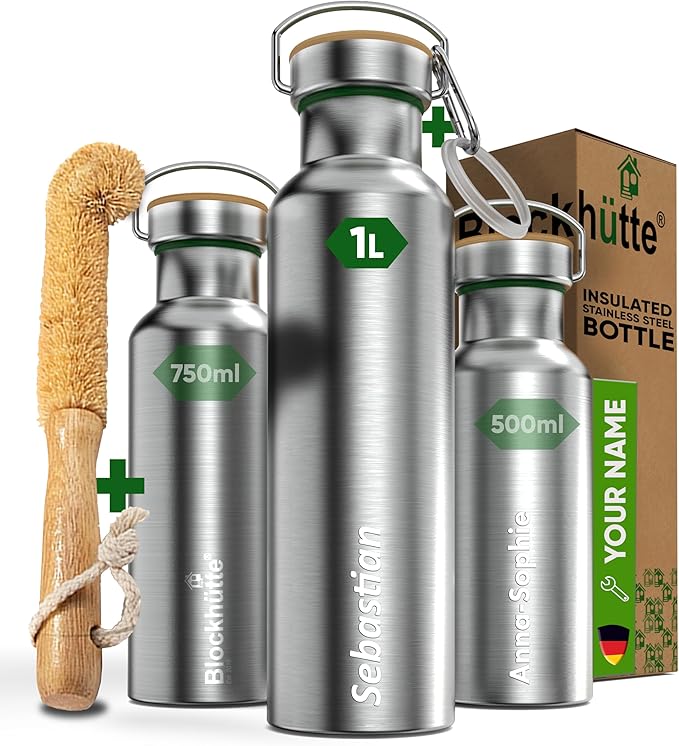 Blockhütte Insulated Custom Water Bottle 34 fl oz for Sports & Hiking – Leakproof Personalized Water Bottle, Suitable with Carbonated Drinks – Sustainable Personalized Water Bottle for Kids & Family