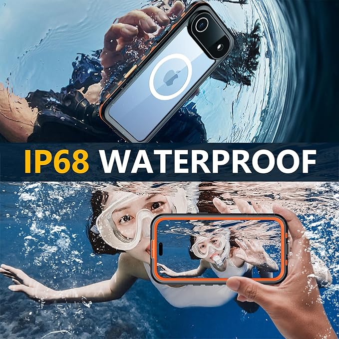 Red2Fire for iPhone Air Case Waterproof, [Built-in Screen Protector & Camera Protector][Compatible with MagSafe][Full Body Shockproof][IP68 Waterproof][Dustproof] Phone Case 6.5" Orange/Clear