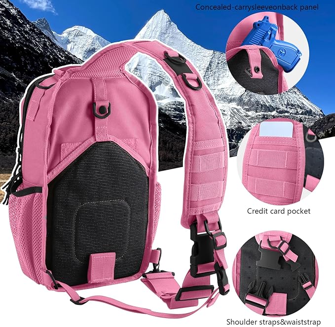 Rover Sling Pack Tactical Shoulder Sling Bag Backpack with Bottle Holder Crossbody Chest Bag, Pink