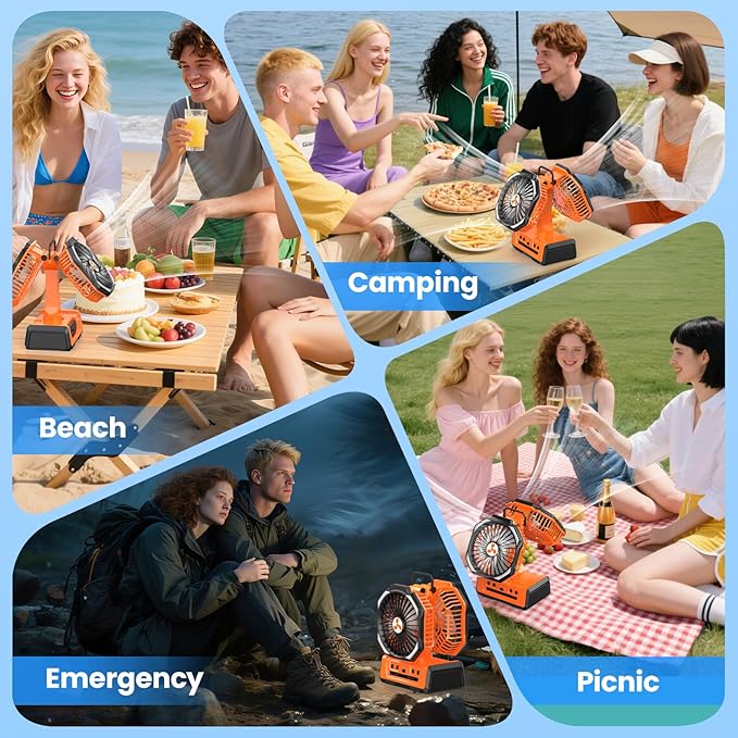 Dual Head Portable Rechargeable Fan 20000mAh Battery Powered Camping Fan Cordless with LED Lantern & Remote, Auto Oscillation, Hook, Battery Operated for Tent Office Travel Picnic Jobsite Orange