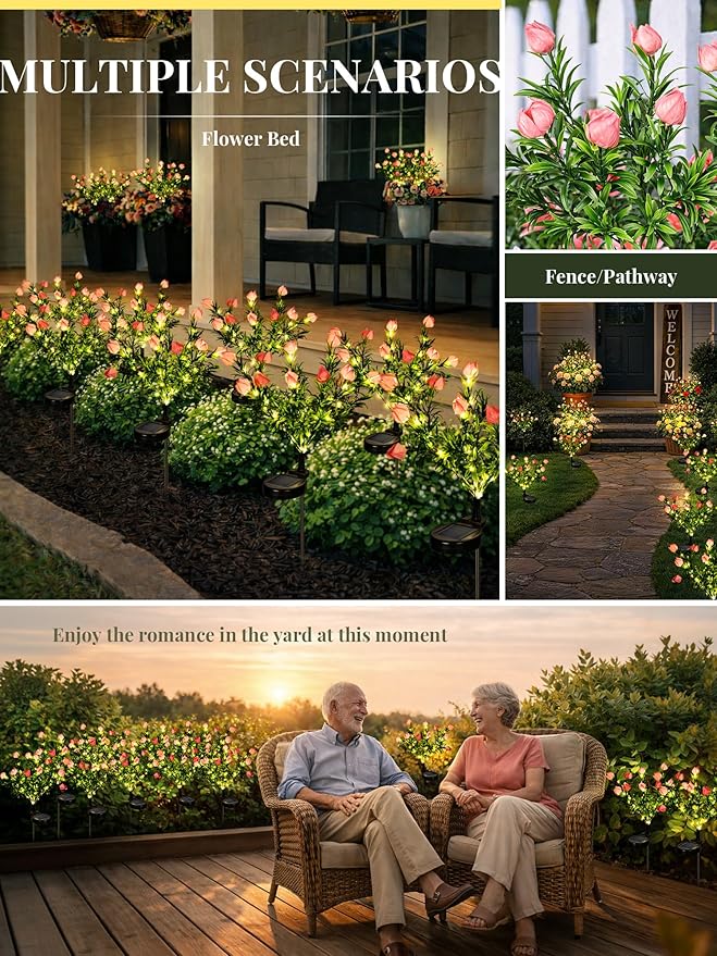 GIGALUMI Solar Garden Lights with Gardenias, 2Pack LED Garden Decor Carefree Solar Flowers Outdoor Waterproof, Yard Decorations Outdoor, Allergy-Free Light up Flowers for Yard Patio (2 Pink)