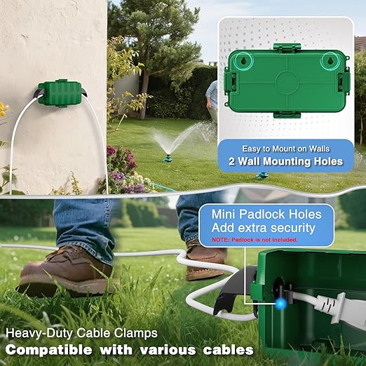 FLEMOON [2 Pack] IP55 Outdoor Electrical Box Waterproof with Detachable Awning Covers, 8.3 x 4.1 x 3.7 inch Weatherproof Extension Cord Cover, Easy Installation for Outdoor Plug, String Lights, Green