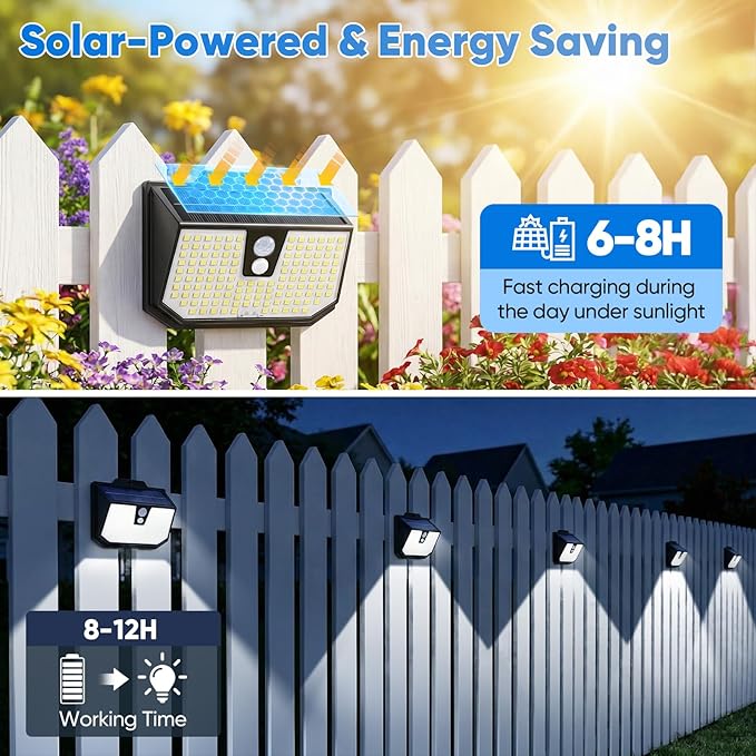 Brightever 8 Packs Solar Motion Sensor Lights Outdoor, Waterproof Solar Fence Lights with 3 Lighting Modes, Solar Powered Security Wall Lights for House, Garage, Garden, Walking Dog, Deck, Step