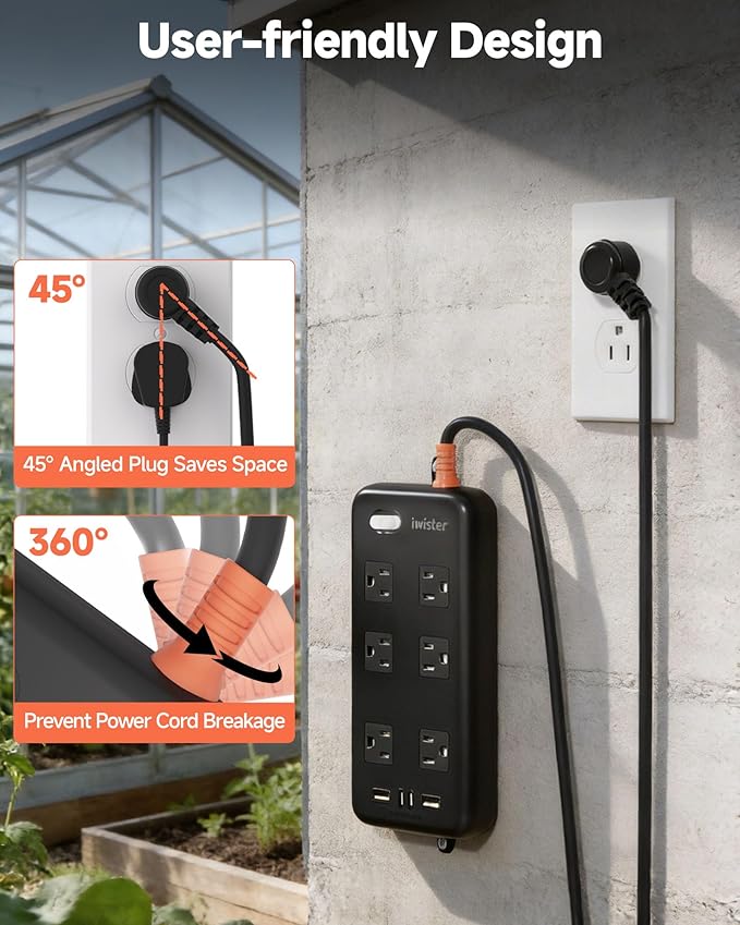 Outdoor Power Strip Waterproof IPX6, 1625W/13A, 6 Ft Extension Cord, 6 Wide Outlets & 4 USB Ports with Anti-Electric Shock, Wall Mountable for Yard, Workshop, Garage, RV