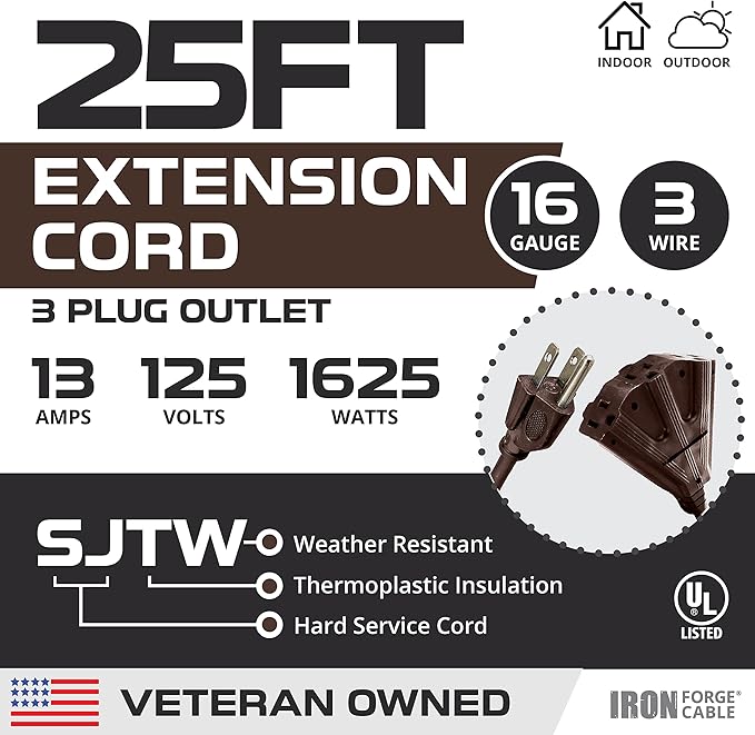 Iron Forge Cable 25ft Brown Outdoor Extension Cord with 3 Outlets - 16/3 SJTW 25ft Extension Cord 3 Prong, 13 Amp All-Weather Heavy Duty Power Cable