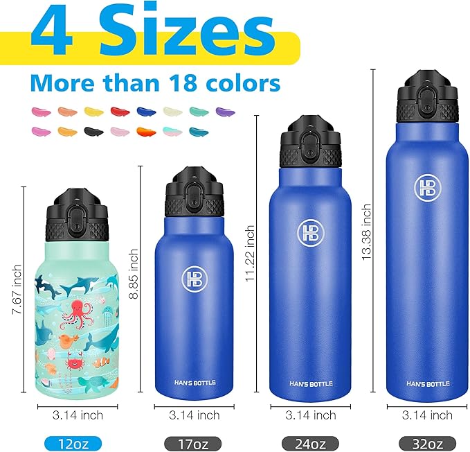 Han's Bottle Kids Water Bottle with Straw Lid - Insulated Stainless Steel Reusable Tumbler for Girls,Boys,Thermo Mug,12oz,Ocean Fish