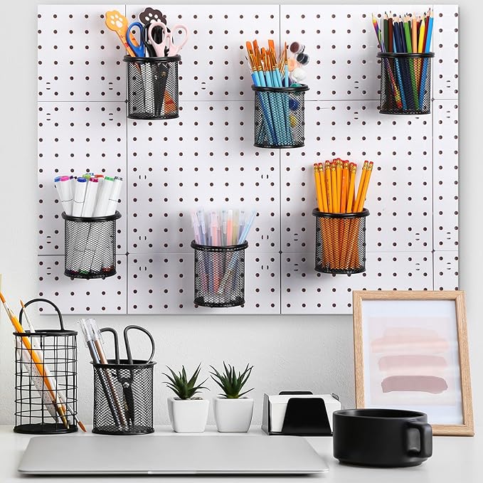 Spakon 6 Sets Pegboard Cups with Ring Hook, Peg Board Baskets Bin Holder Organizer Accessories Pegboard Pencil Cup Multipurpose Metal Pen Holder for Office Garage(Black,2.95x2.95x3.74'',Straight)