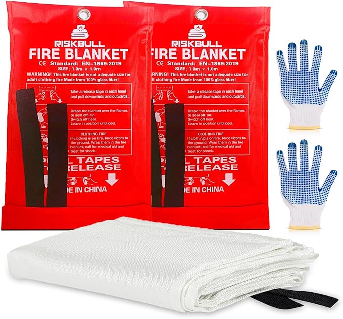 Emergency Fire Blanket for Home and Kitchen 2 Pack 40” x 40” Fiberglass Fire Safety Blanket Suppression Emergency With Gloves for School Fireplace Grill Car Office Garage Welding Warehouse Safety