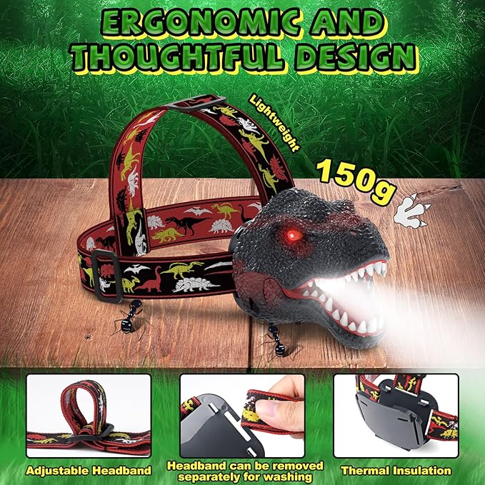 Nitigo Dinosaur Headlamp for Kids Flashlight Rechargeable Led Headlights Roar & Silent Mode, T-Rex Dinosaur Toys for Kids 3-5 4-6 5-7 6-8, Camping Gear, Easter Gifts for Boys Girls Adults