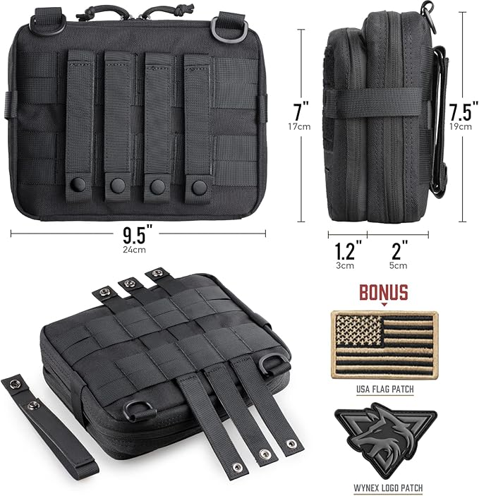 WYNEX Tactical Molle Admin Pouch of Double Layer Design, Admin Pouches Molle Attachment Military Medical EMT Organizer with Map Pocket EDC EMT Pack IFAK Tool Holder Universal U.S.A Patch Included