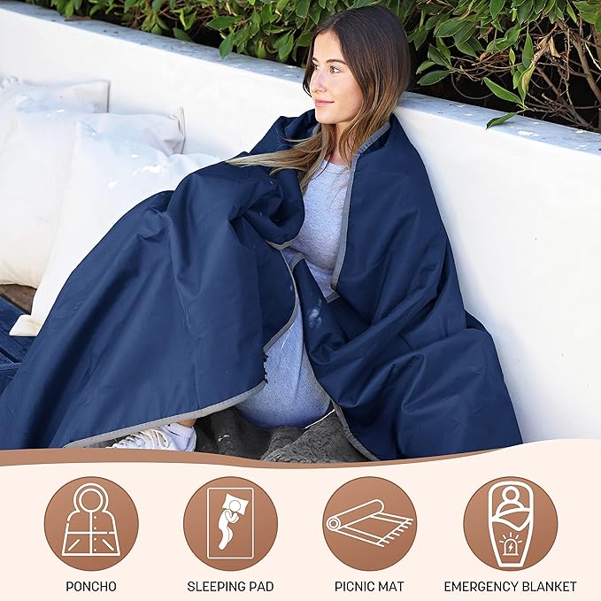 Tirrinia Waterproof Outdoor Blanket with Sherpa Lining, Windproof Triple Layers Warm Comfy Foldable for Camping Stadium, Beach, Picnic, Grass, Concerts, Car, Dog, 51''X 59'' & 59''X 80''