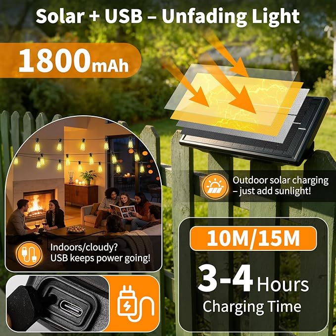 Outdoor Solar String Lights Waterproof: ST38 50ft Shatterproof Patio Lights - Solar Powered & USB Dual Charging - 3 Modes Button Control - Garden Backyard Gazebo Porch Party Decor
