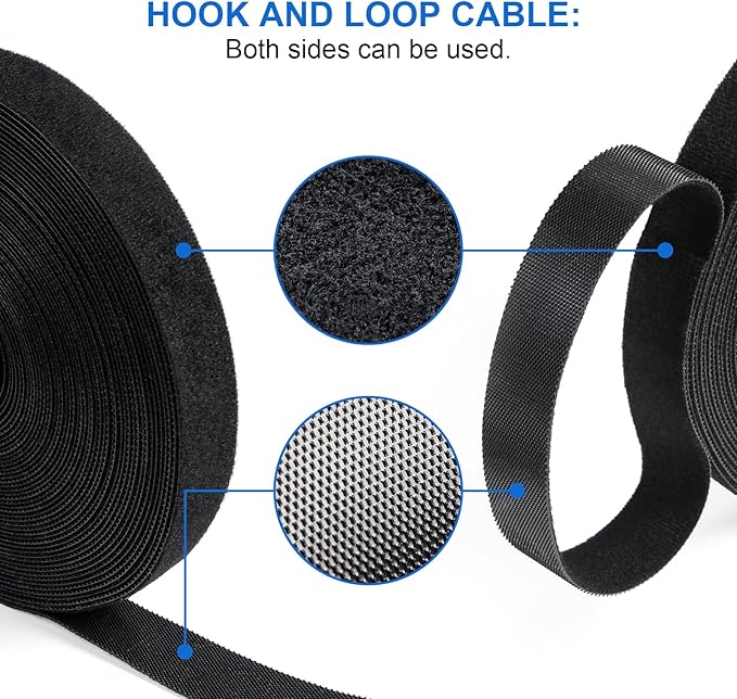 OneLeaf Fastening Cable Management Roll, Reusable Multi-Purpose Cords Management, Double Sided Hook and Loop Cable Ties Roll，Cut to Length Straps, Black Heavy Duty Wire Management