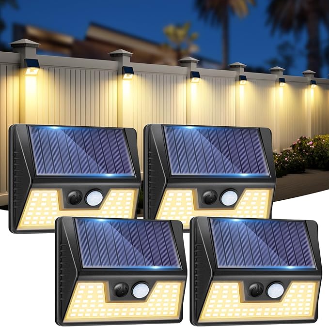 Vighep 4 Pack Solar Fence Lights, Waterproof Motion Sensor Deck Outdoor, Warm White LED Outside Wireless for Wall Yard Steps Stairs Garden - Black