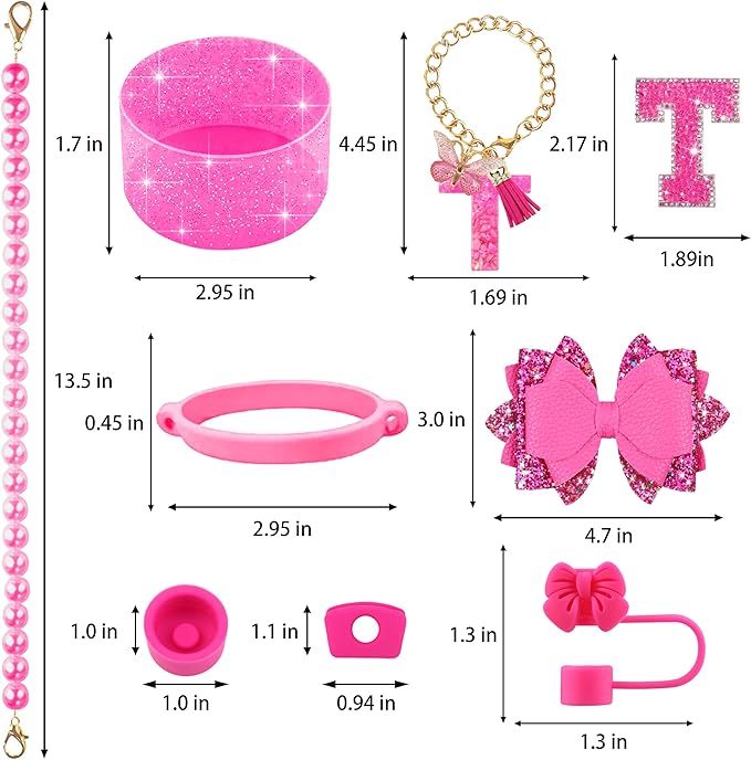 9PCS Hot Pink for Stanley Cup Accessories Set Bling Initials Bow Charms for Stanley Decorations 30/40 Oz Tumbler Accessories Including Bow Straw Topper, Handle Strap, Spill Stopper（Letter T）