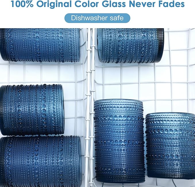 KMIGRUAN Hobnail Drinking Glasses Set of 6,12oz Blue Vintage Glassware,Cocktail Glasses,Embossed Glass Cups,Water Tumbler for Whiskey, Juice and Various Mixed Drinks