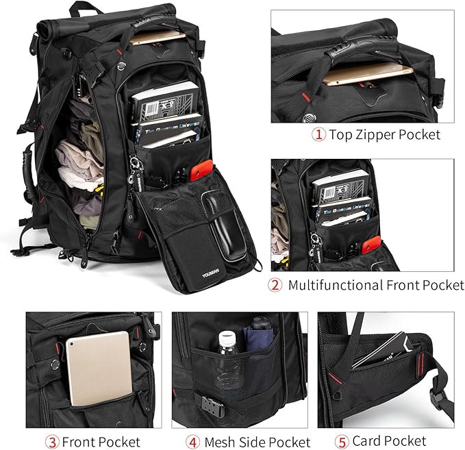 YOUMIAN Large Capacity For Travel Hiking Sports Carry On Backpack Durable Convertible Duffle Bag Laptop airplane (black, 60L-Large)