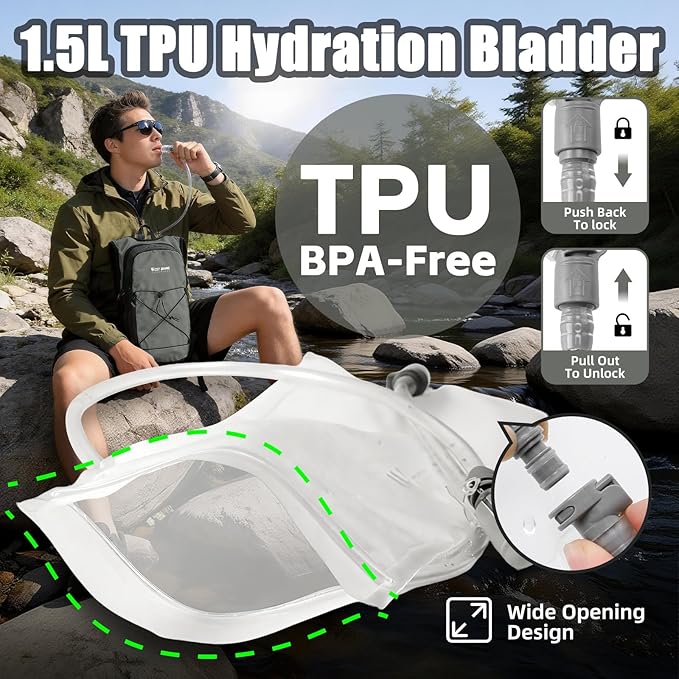 Hydration Pack Backpack, Insulated Hiking Water Backpack with 1.5L Water Bladder, Running Hydration Vest Backpack for Men Women, Hydro Daypack for Hiking, Cycling, Climbing, Rave