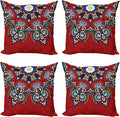 Ambesonne Mandala Throw Pillow Cushion Case Pack of 4, Color Jumble of Lace Like Flowers Leaves Swirls Vintage Illustration Folk Themed, Modern Accent Double-Sided Digital Printing, 16", Red