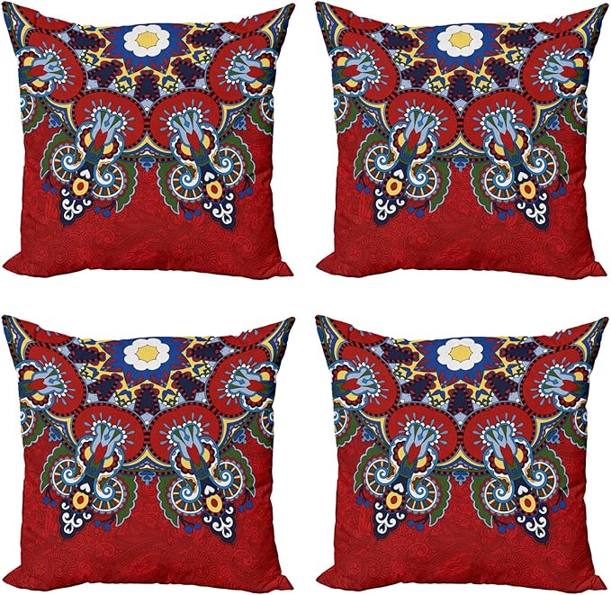 Ambesonne Mandala Throw Pillow Cushion Case Pack of 4, Color Jumble of Lace Like Flowers Leaves Swirls Vintage Illustration Folk Themed, Modern Accent Double-Sided Digital Printing, 24", Red