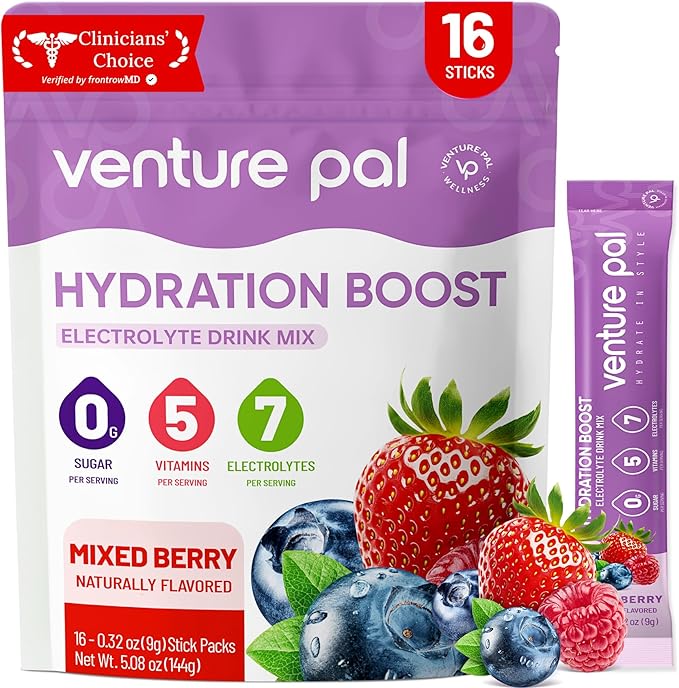 Venture Pal Sugar Free Electrolyte Powder Packets - Liquid Daily IV Hydration Packets | Electrolytes Drink Mix with 5 Vitamins & 7 Electrolytes | Keto Friendly | Non-GMO | Certified Vegan | 16 Sticks