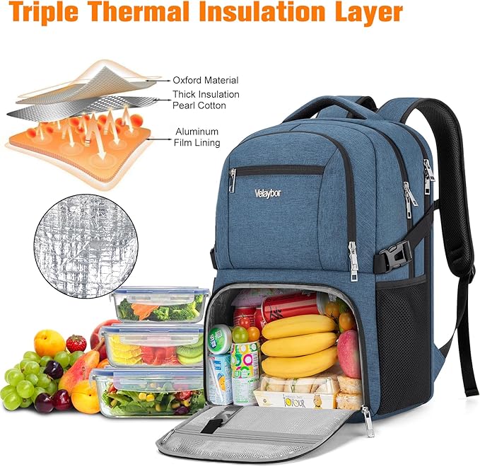 Insulated Lunch Backpack Fit 17" Laptop, Work Backpack with Lunch Box & USB Charging Port for Men & Women, Water Resistant College Computer Bag for Travel, Business, Hiking (Blue)