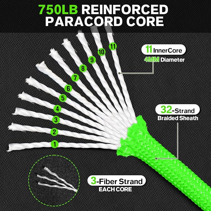 Paracord Rope 750 - Parachute para Cord 4mm 11 Strand Spool Rope Utility Nylon String for Outdoor Camping Survival Utility Tent Crafting DIY Projects - Neongreen 500ft