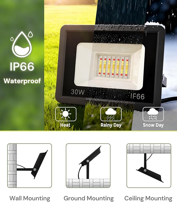 L LOHAS LED 30W Flood Light Outdoor, RGB Landscape Lighting with Remote Control, Timing - 2700K/4500K/6500K - Color Changing for Patio Backyard Step Wall, IP66, US 3-Plug, UL Listed (2 Pack)