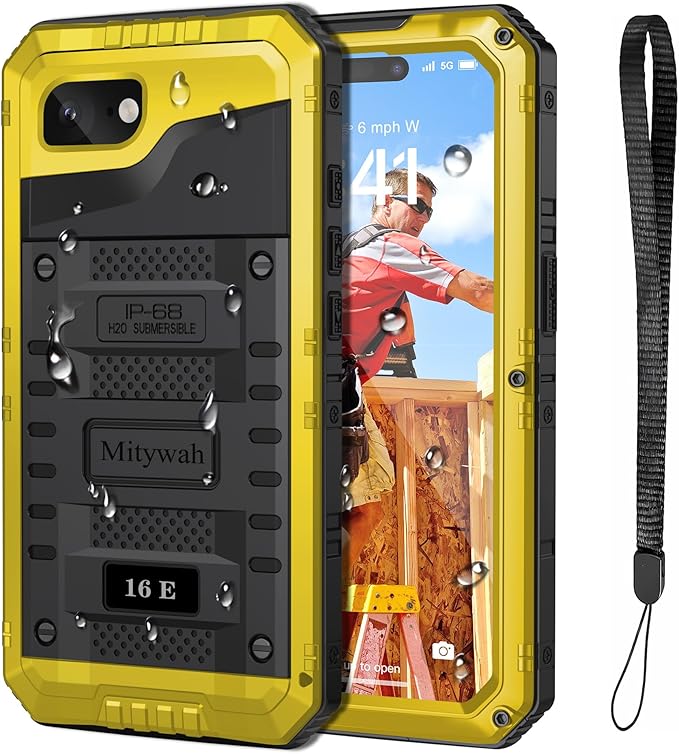 Mitywah Waterproof Case for iPhone 16e and for iPhone 17e, Shockproof Heavy Duty Case with Built-in Screen Protector, Underwater Full Body Protective Metal Case 6.1 inch, Yellow