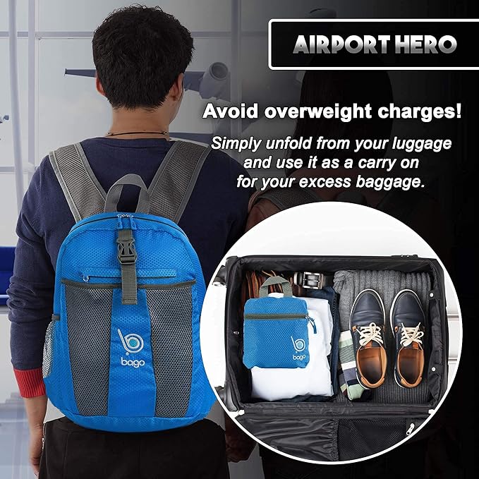 Bago Lightweight Small Hiking Backpack for Women and Men - 25L Travel Day Pack - Foldable Hiking Daypack Ultralight for Camping Outdoor Sports - Day Bag Packable Backpack for Travel (Blue)