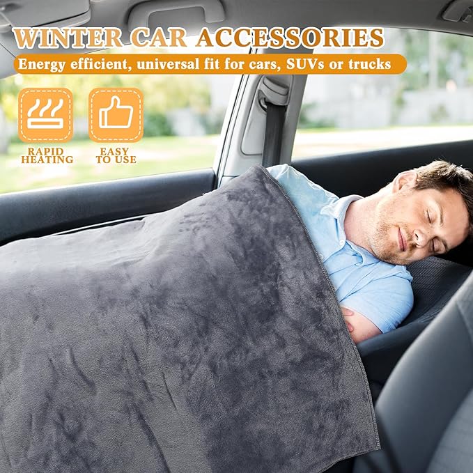 Riakrum 12v Car Heated Blanket 57"x43", Portable Electric Car Blanket with Storage Bag, Auto-Off Heat Control for Truck SUV Rv Winter Travel, Camping, Road Trips, Office, Gifts for Mother Day, Gray