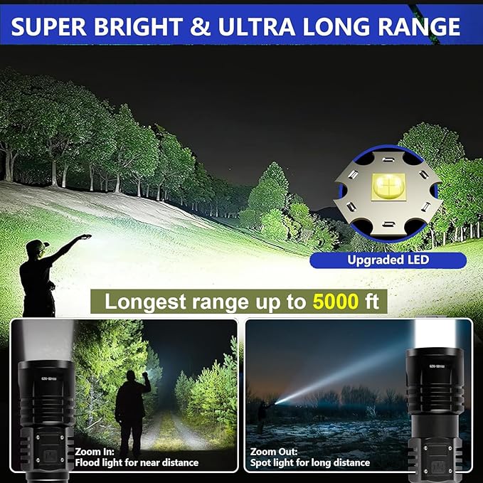 Rechargeable LED Flashlights High Lumens,10000mAh High Powered Waterproof Brightest Flashlight Zoomable Spotlight Flashlight