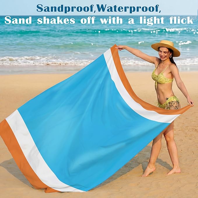 Famstar Beach Blanket Oversized Extra Large78 X 81",Waterproof Sandproof Beach Blanket 1-7 Adults Lightweight Durable for Travel Camping Hiking Picnic (78" X 81", Orange&Blue)
