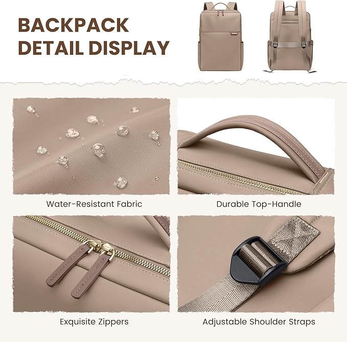 Laptop Backpack for Women, Work Business Traval Computer Backpacks with Laptop Compartment Waterproof Casual Daypack for Travel College,16Inch,Champagne Brown