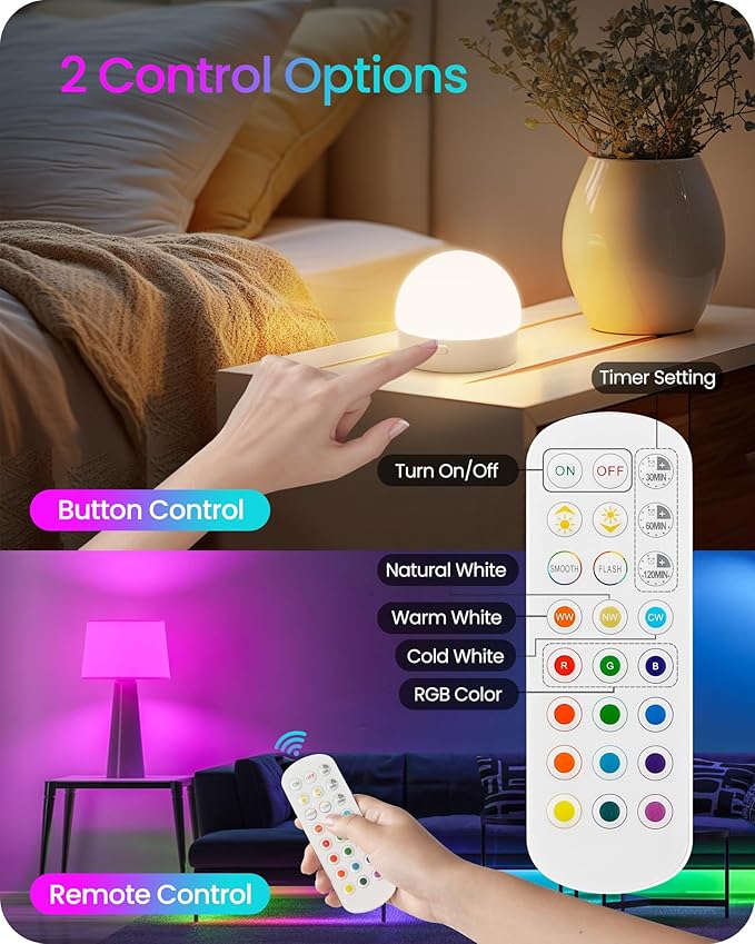 Rechargeable Light Bulbs with Remote Control, 2 Pack E12 Base Battery Operated Light Bulbs, 3 Timer 15 Colors Selectable, Dimmable Wireless RGB LED Bulb for Lamp, Non-Hardwired, R08YBP205