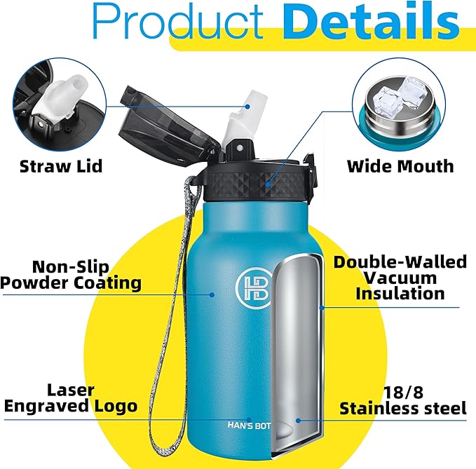 Han's Bottle Kids Water Bottle with Straw Lid - Insulated Stainless Steel Reusable Tumbler for Girls,Boys,Thermo Mug,12oz,Ocean