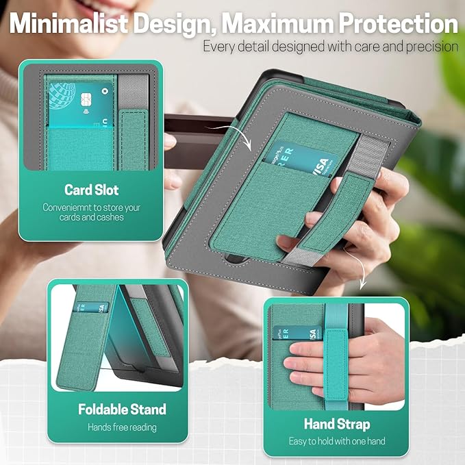 TNP Stand Case with Strap for Kindle Paperwhite 12th Gen 2024 / Kindle Colorsoft Signature Edition - 7" PU Leather Protective Folio Cover with Auto Wake/Sleep & Card Slot, Green