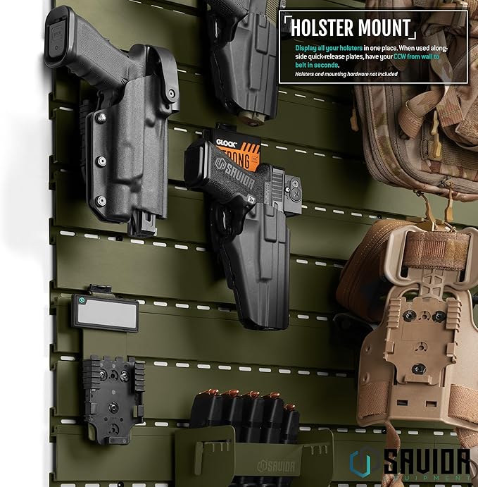 Savior Equipment Wall Rack System Tactical Universal Pistol Holster Holder Storage Attachment Wall Mount Hanger, Heavy-Duty Steel Modular Firearms Gun Wall Gear Accessories Organizer