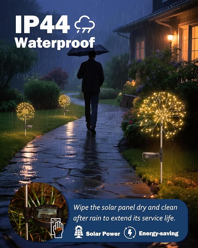 Solar Garden Lights Outdoor Yard Decorations, 4 Pack 150Leds Pathway Light, Fairy Firework Stake Lights for Garden, Patio, Pathway, Flowerbed Gold Color