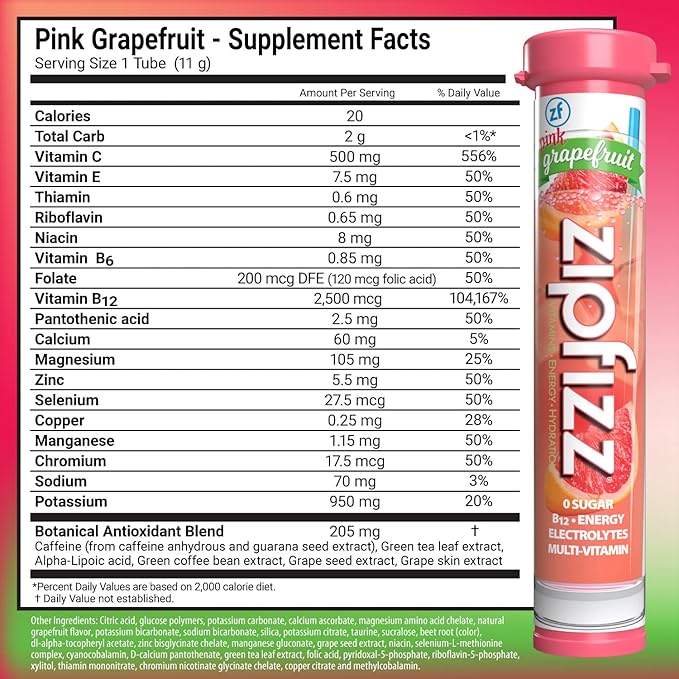 Zipfizz Energy Drink Mix, Electrolyte Hydration Powder with B12 and Multi Vitamin, Pink Grapefruit, 20 Count (Pack of 2)
