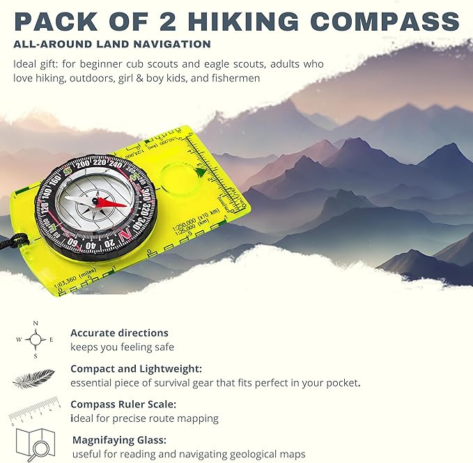 Trekker's Compass Crew Orienteering Compass, Pack of 2, Magnetic Navigation Set for Hiking, Camping, Backpacking, Scout Activities