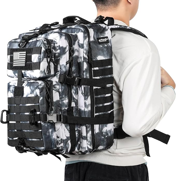 Hannibal Tactical MOLLE Assault Backpack, Tactical Backpack Military Army Camping Rucksack, 3-Day Pack Trip w/USA Flag Patch, D-Rings, Black White camo