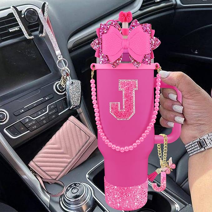 9PCS Hot Pink for Stanley Cup Accessories Set Bling Initials Bow Charms for Stanley Decorations 30/40 Oz Tumbler Accessories Including Bow Straw Topper, Handle Strap, Spill Stopper（Letter J）