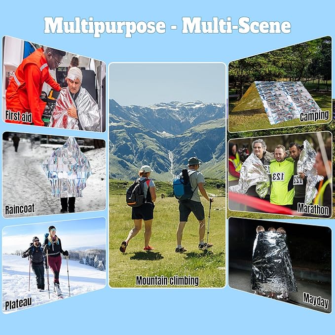 Emergency Mylar Blanket 5-Pack, Thermal Survival Blankets, Reflective Foil blanket Silver and Gold, 82'' x 63'' Gigantic Space Blanket. Suitable for First Aid, Outdoors, Camping, Auto Emergency Use
