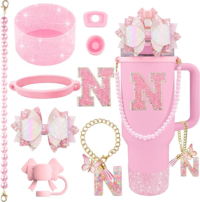 9PCS Pink for Stanley Cup Accessories Set Bling Initials Bow Charms for Stanley Decorations 30/40 Oz Tumbler Accessories Including Bow Straw Topper, Handle Strap, Spill Stopper（Letter N）